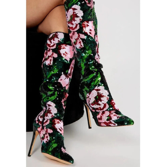 Fashion Nova Floral Colourful Fullly  Sequin Knee High Boots 6 - Picture 7 of 7